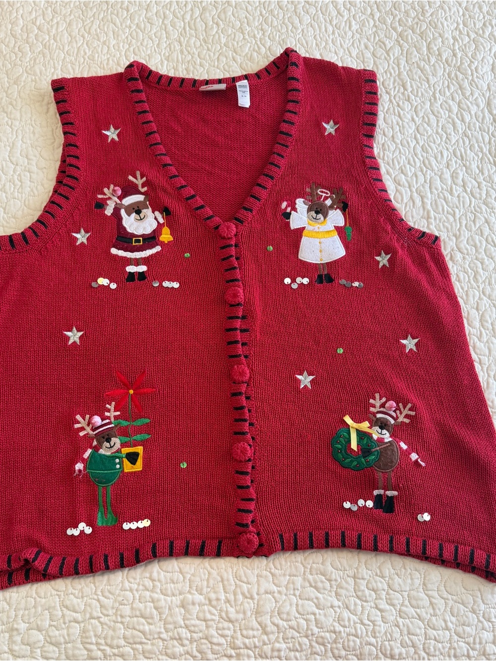 Holiday Editions Christmas Sweater Vest Women XL Reindeer Santa Sequins Red